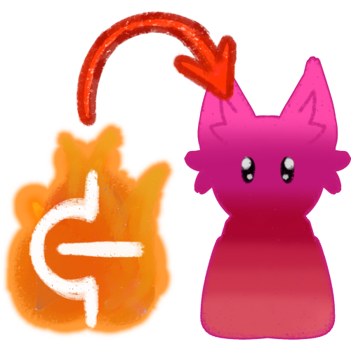  a white glyph of a horizontal line  going into a divot in a vertical line, behind them is a redish orange fire, the symbols have a red arrow pointing to a pink wolf like creature.